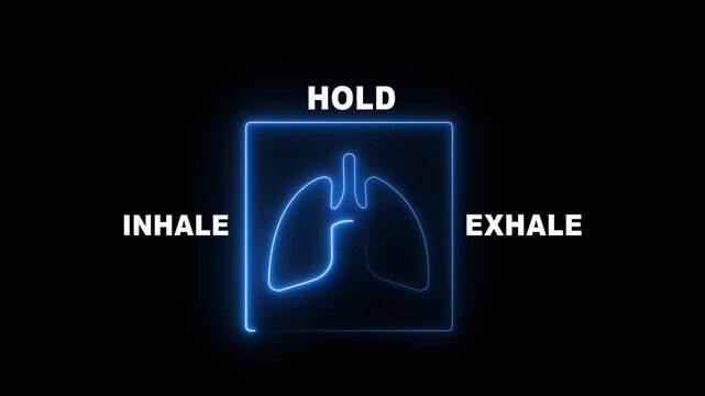glowing neon 1 minute animation of a box breathing exercise guide with lungs icon and inhale-hold-exhale cycle .useful for meditation, relaxation and mindfulness.