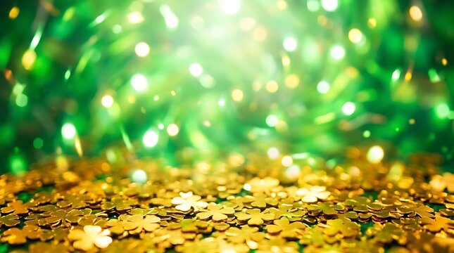 Gold clover confetti scattered on green bokeh background with light flare shamrock