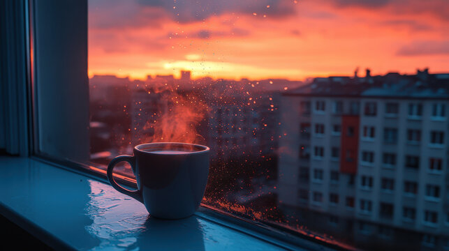 Steaming orange coffee mug on a windowsill against a beautiful winter sunrise landscape.