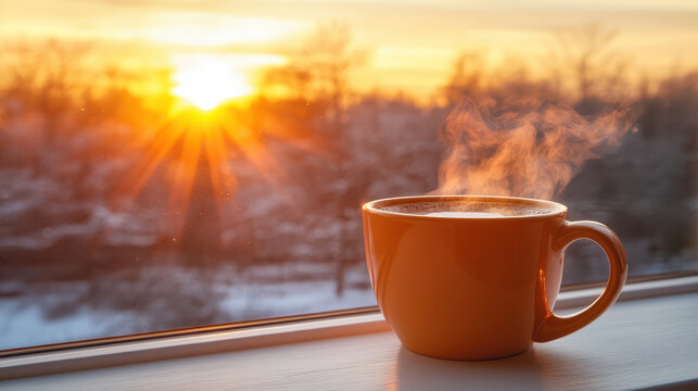 Steaming orange coffee mug on a windowsill against a beautiful winter sunrise landscape.