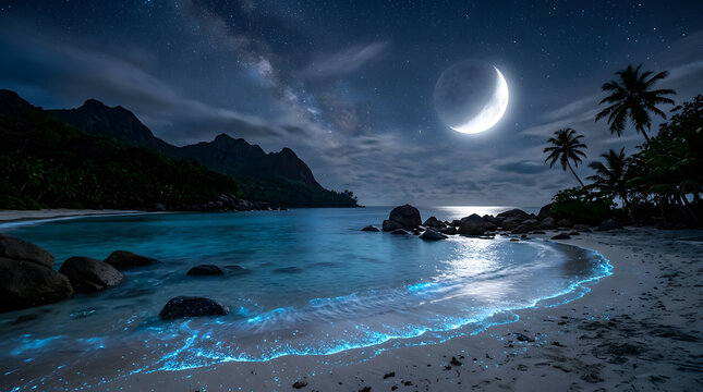 Magical bioluminescent waves glow under a crescent moon on a tropical beach.