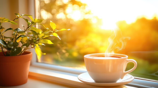 Steaming orange coffee mug on a windowsill against a beautiful winter sunrise landscape.