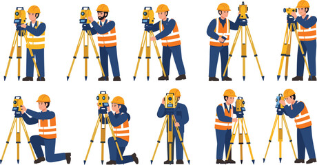 Surveyor Worker Vector Illustrations Featuring Land Surveying Equipment, Measurement Tools, and Construction Site Monitoring © MDFiroj