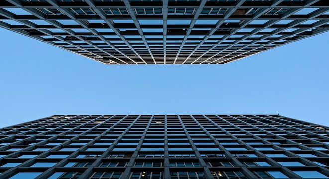 Perspective en contre-plong&eacute;e de gratte-ciel modernes sur fond de ciel bleu clair