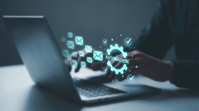Email Marketing Automation and Workflow Efficiency Concept: Hands on Laptop with Holographic Envelopes, Automation Gear Icon, and Digital Delivery Checkmarks