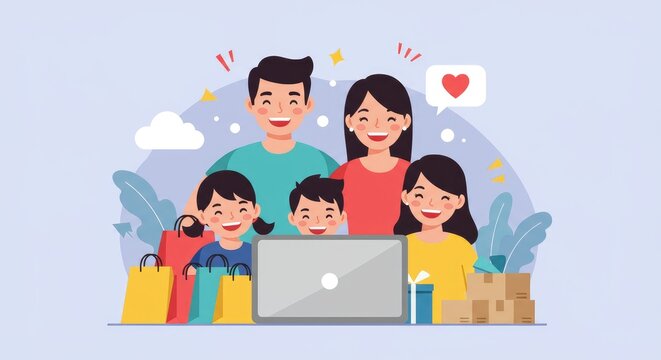 Illustration d'une famille heureuse avec des sacs d'&eacute;picerie et un ordinateur portable