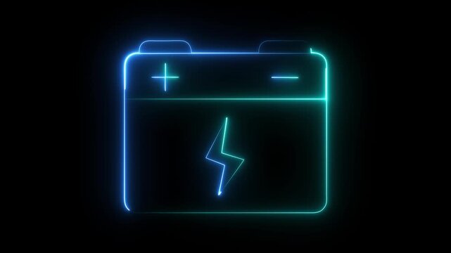 Glowing neon line battery icon isolated on black background. Energy storage line animation. Rechargeable battery. car battery icon animation Glowing neon line animation.