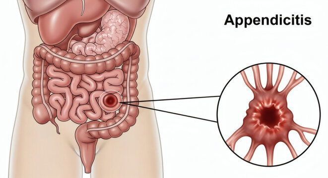 Human anatomy medical illustration showing appendicitis inflammation