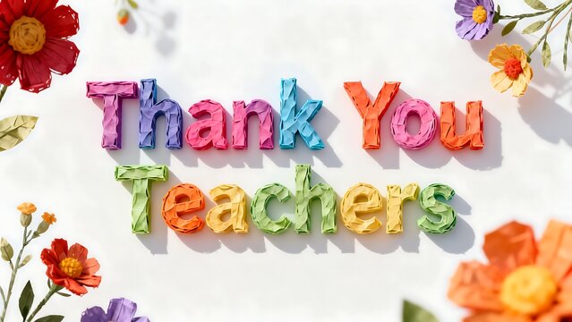 Thank you teachers colorful clay style 3d text with bright spring flowers on white surface.