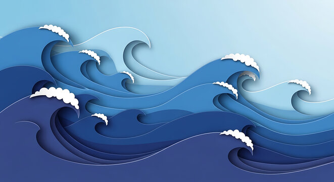 Abstract paper cut waves in shades of blue on transparent background
