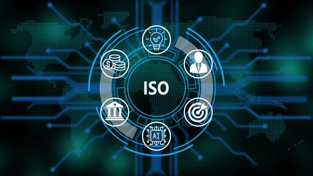  &ldquo;ISO, Artificial Intelligence, and Global Business Network Technology Concept&rdquo;. Digital circuit board on world background. Representing artificial intelligence, and future technology
