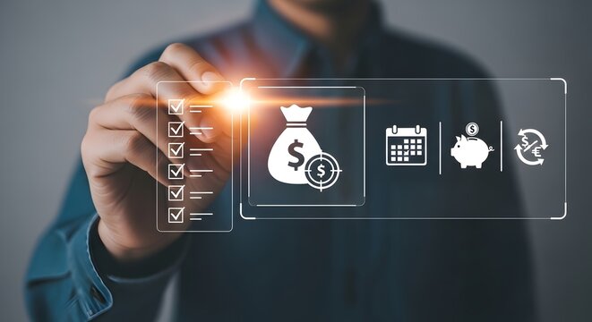 Businessman Pressing Financial Dashboard Icons For Budget Planning, Investment, And Accounting Analysis