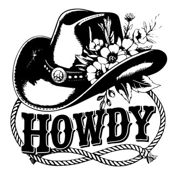 Western cowboy hat with flowers and howdy text on rope border design.