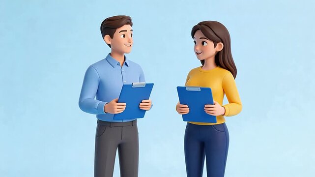 Cartoon couple holding blue folders