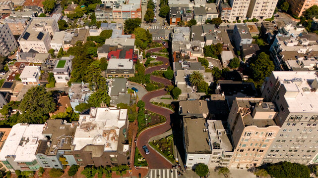 Drone view of winding Lombard Street surrounded by houses in San Francisco