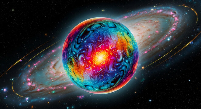Iridescent sphere with swirling colors cosmic orb on transparent background high quality