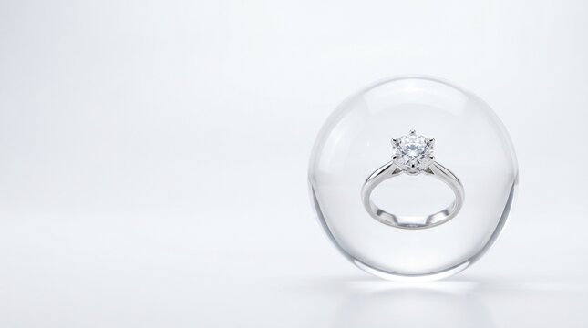 Diamond engagement ring floating inside a glass sphere on white background