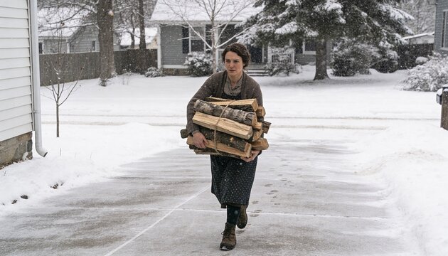 Walking adult woman carrying tied firewood bundle on suburban driveway, snow falling, wearing coat