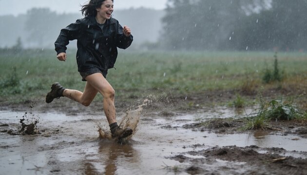 Running female in dark waterproof jacket splashing through muddy puddle in grassy field, with boots