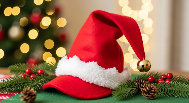 Red elf hat with white trim and bell on transparent background