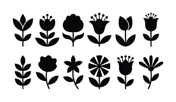 Minimalist black flower icons set, 12 floral silhouettes vector collection, simple botanical garden plant symbols for logo design and branding