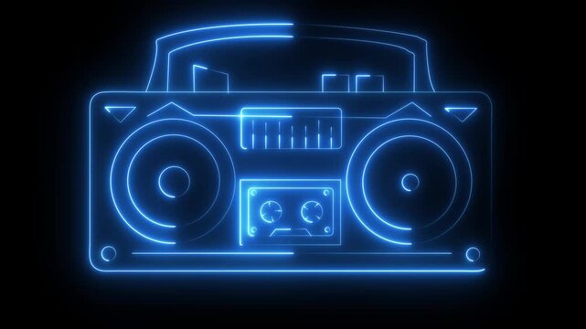 Retro Neon Radio And Cassette Stereo Recorder Animated glowing neon-style radio icon . Tape recorder neon sign board icon concept. Glowing neon radio icon isolated on black background