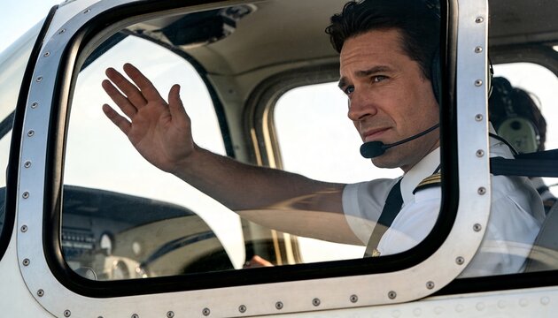 Waving pilot in shirt with epaulettes and tie signaling through cockpit window, headset visible