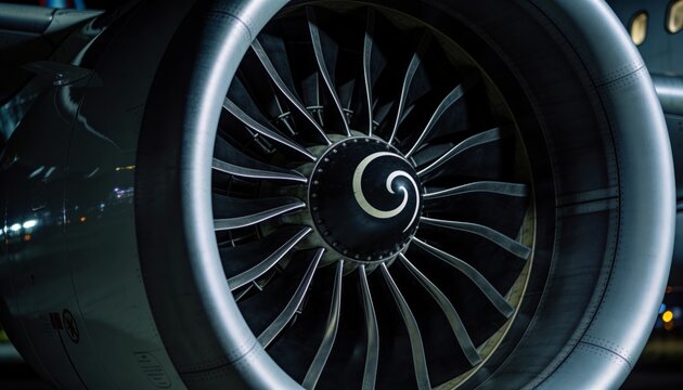 Framing turbofan engine inlet and fan blades under apron lights at night, showing spinner spiral