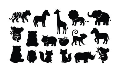 Obraz premium Wild animal silhouette collection, 16 black safari and zoo animal vector icons, minimalist jungle wildlife shapes for educational design and logos