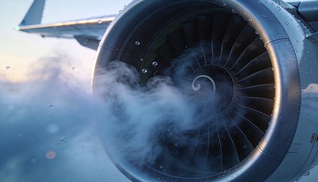 Showing turbofan intake, spinning fan blades and spinner, droplets drawing vapor at altitude