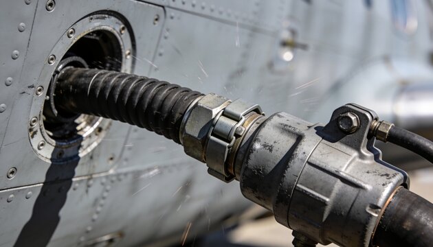 Connecting corrugated fuel hose to metal coupling on fuselage panel on apron, showing droplets