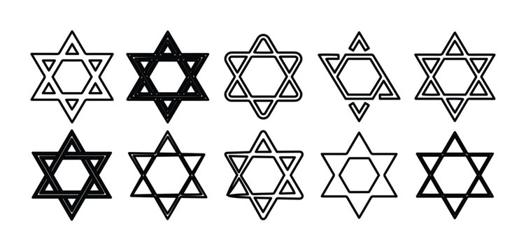 Star of David vector icon set, black and white Jewish hexagram collection, religious Magen David symbols for Hanukkah and Judaism designs