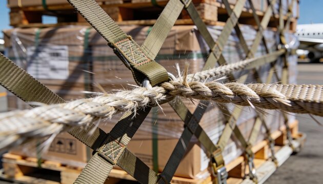 Showing foreground braided rope and olive-green webbing securing pallet at ramp, with metal rings