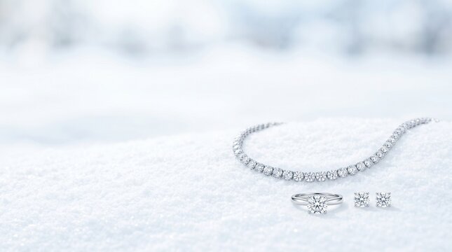Diamond necklace, ring, and earrings set resting on fresh white snow