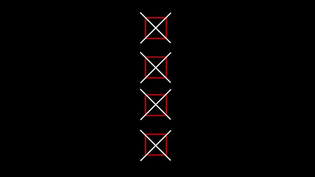 four Bullet point multiple choice checklist presentation boxes with thin animated hand drawn crosses on a plain simple black background rejection, evaluation, or form 4K suggesting animation