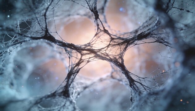 Showing woven fibrous strands forming circular pores in micro view with center junction drops bokeh