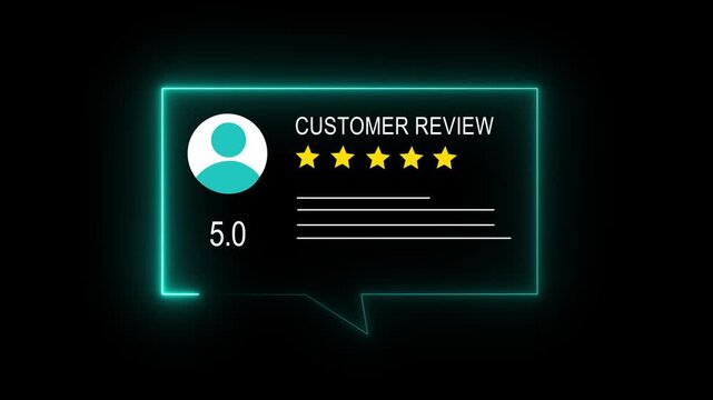 Glowing neon Rating 5 stars icon animation. animation customer review concept, character giving five star feedback on neon rectangle. animated customer satisfaction rating k 