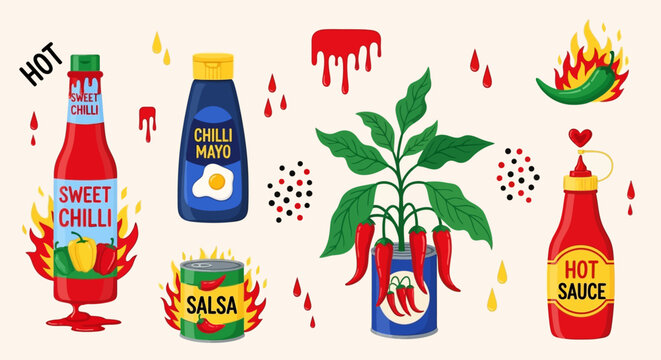 Spicy food icons, hot sauce bottles, chili pepper illustrations, condiment set, vector graphics