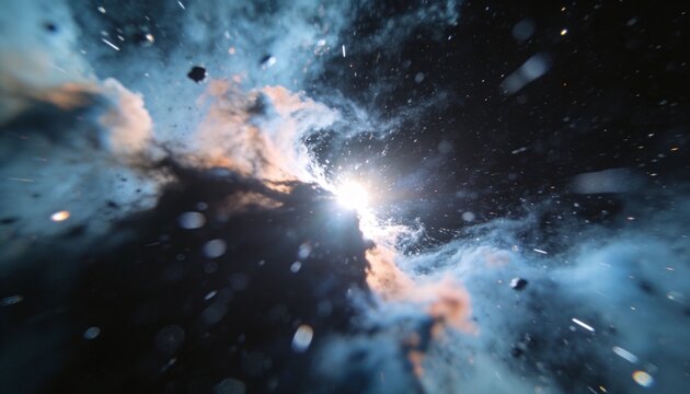 Emitting white-blue light, protostar piercing thick dust in deep space, with gas filaments