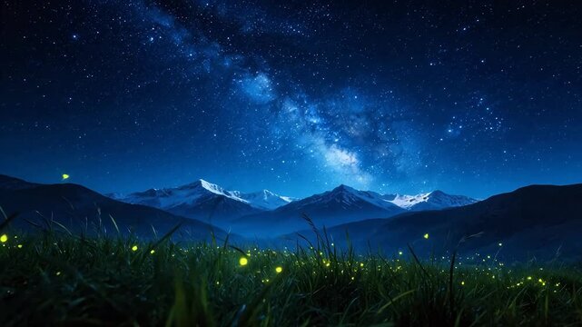 Starry sky over snowy mountains with fireflies