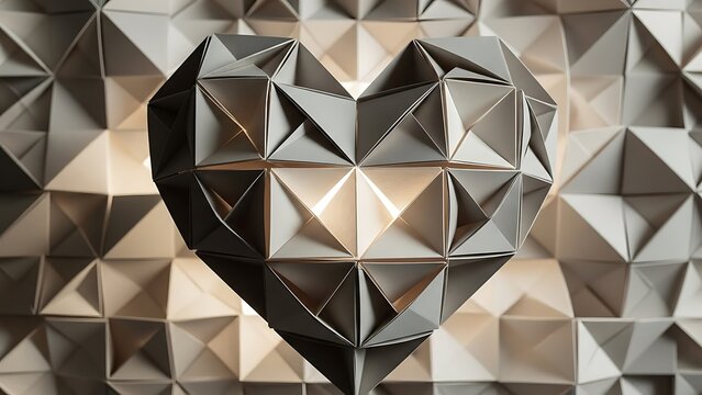 3D faceted metallic heart made of geometric triangular patterns, low poly style, silver and bronze tones, modern abstract background, dramatic lighting, high detail