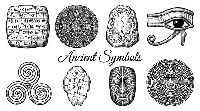 Ancient Symbols Collection with Aztec Calendar, Eye of Horus, Cuneiform Tablet, Viking Runes, Celtic Triskelion and Tribal Mask in Engraved Vector Style