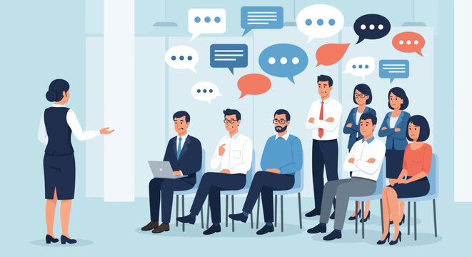 Professional business seminar with female speaker and diverse audience, corporate training workshop with speech bubbles, office team meeting and group discussion vector illustration