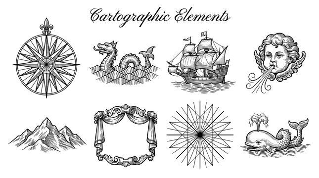 Vintage Cartographic Elements and Antique Map Icons Set with Compass Rose, Sailing Ship, Sea Monster, Mountains and Ornate Cartouche Vector Illustration