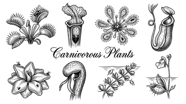 Vintage Hand Drawn Carnivorous Plants Vector Illustration Set Featuring Venus Flytrap, Pitcher Plant, and Sundew in Engraving Style