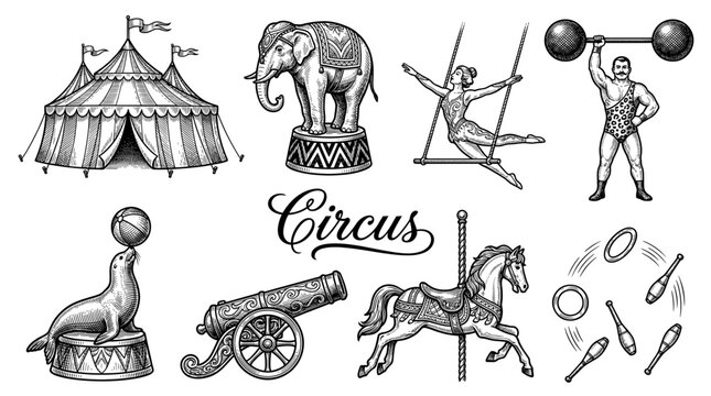 Vintage Circus Vector Illustration Set with Big Top Tent Elephant Strongman Trapeze Artist Carousel Horse and Juggling Equipment Hand Drawn Engraving Style Performance Graphics
