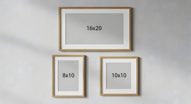 Three framed art mockups on light gray wall sizes 16x20 8x10 and 10x10