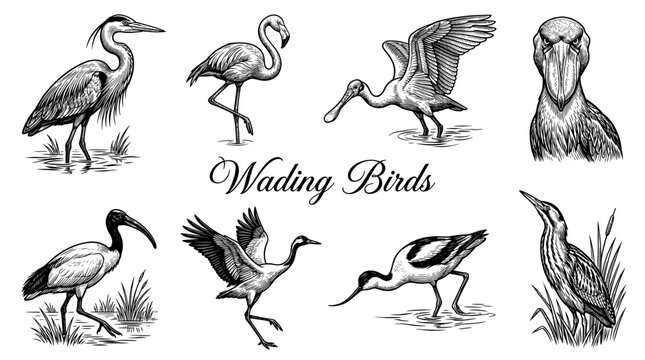 Vintage Hand Drawn Wading Birds Vector Illustration Set, Engraved Style Collection Featuring Heron, Flamingo, Spoonbill, Crane, Shoebill, Ibis, and Bittern