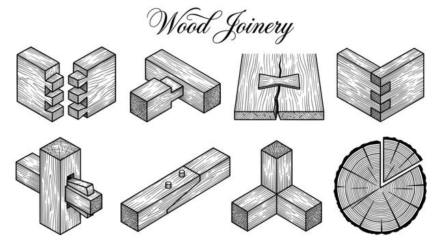 Vintage Wood Joinery Techniques Illustration Set, Hand Drawn Carpentry Joints and Timber Framing Diagrams including Dovetail, Mortise, and Tenon Connections