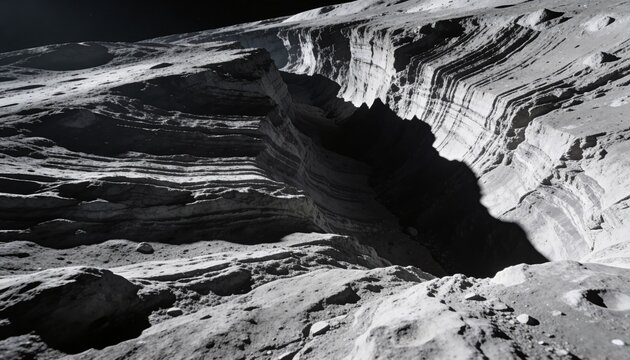 Revealing deep layered crater with terraced walls on lunar surface, showing scattered boulders